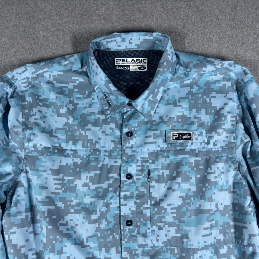 Pelagic Eclipse Guide Shirt Mens XL Blue Camo Long Sleeve Fishing Button Up